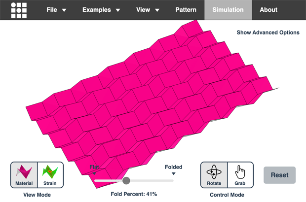 Origami Simulatorに収録されているミウラ折りのモデル。